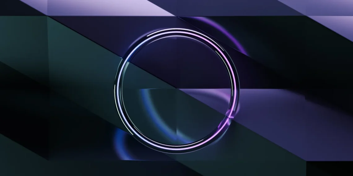 Render astratto di un anello luminoso viola sospeso fra piani geometrici scuri